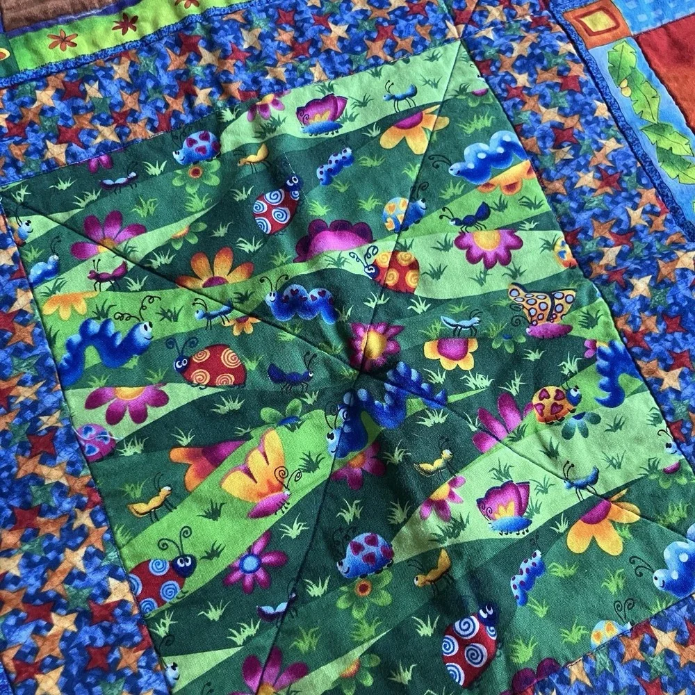 Handmade Kids Patchwork Quilt 36 X41 Trains Trucks Safari Animals & Bugs Vintage